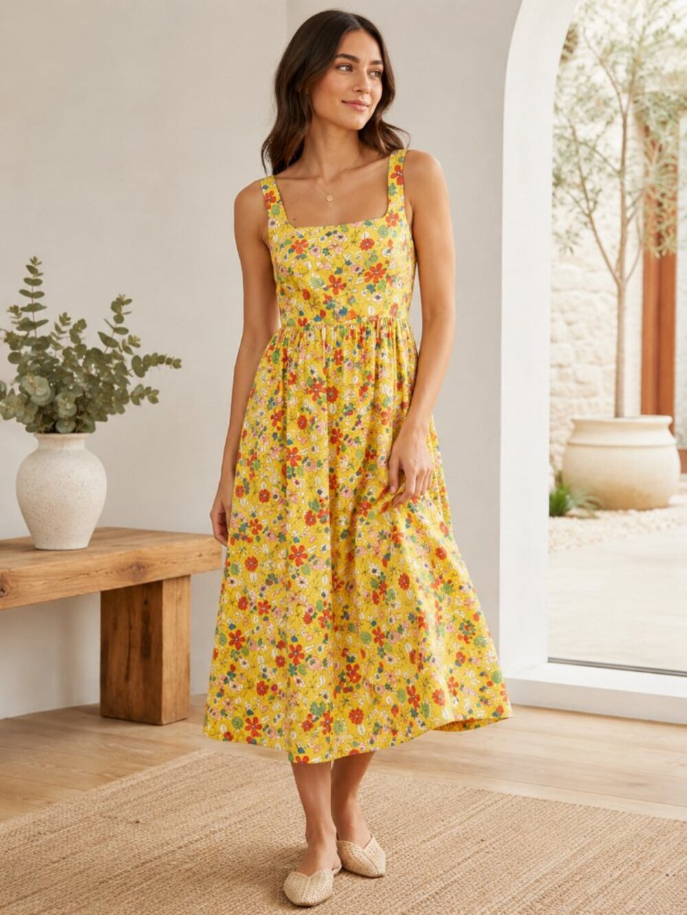Boden Violet Square Neck Floral Midi Dress Yellow Cotton Petite 4P Pockets